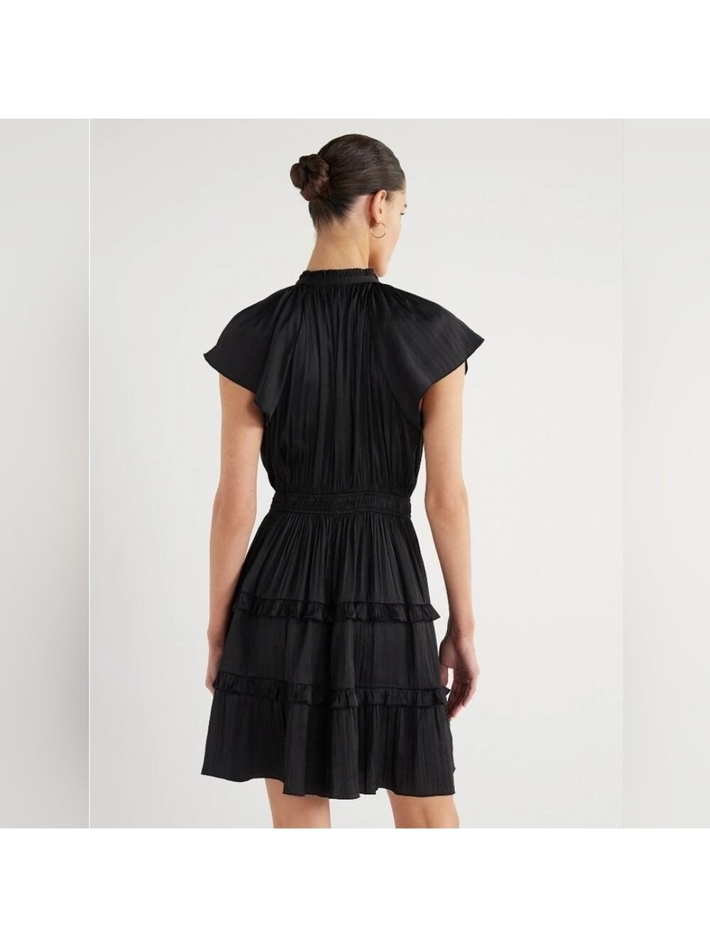 Scoop Women's Satin Mini Ruffle Dress with Cap Sleeves Pockets - Picture 3 of 8